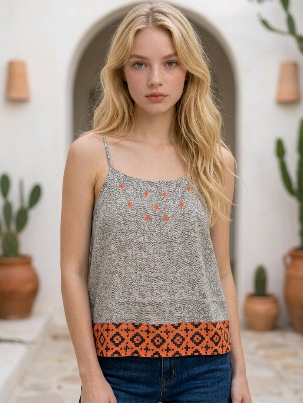 THML SZ M Spaghetti Strap Cami Orange Embroidered Accents Geometric Pattern Hem
